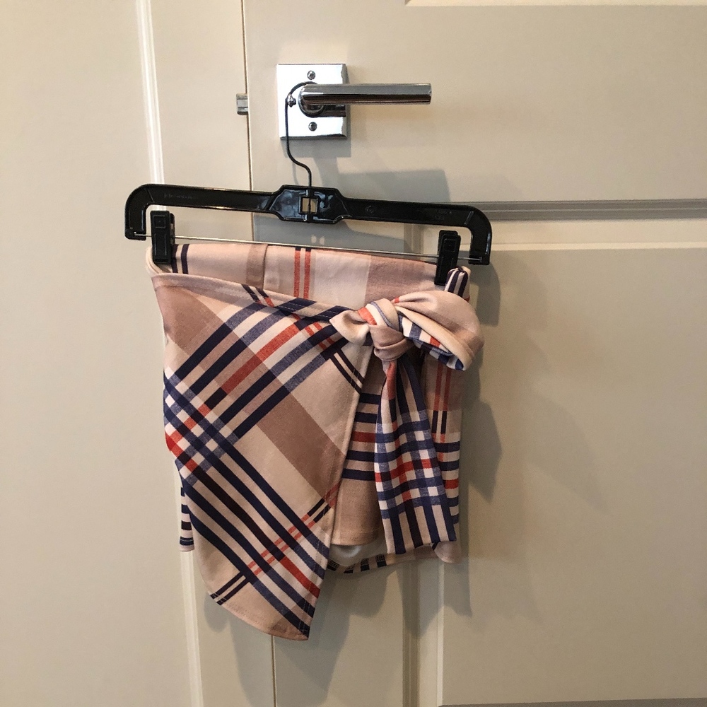 Beige Check Tie Front Skort